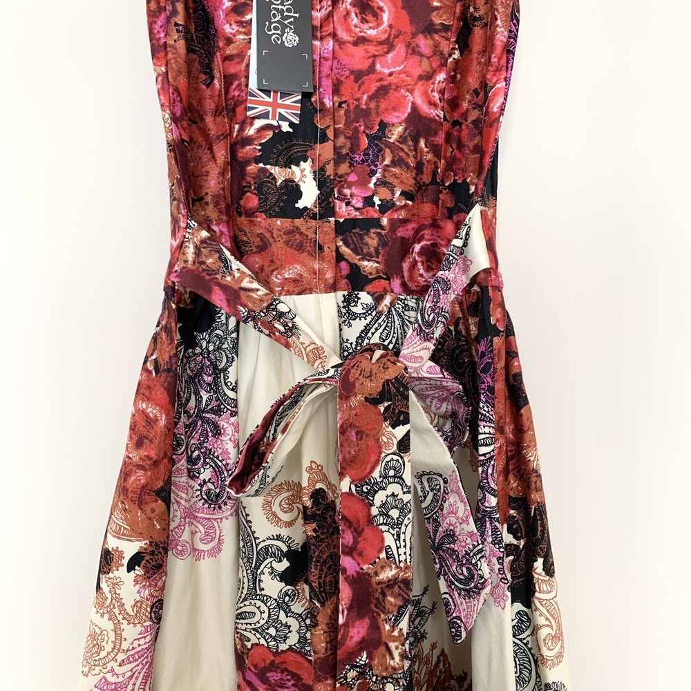 Lady V London Vintage Floral Paisley Tea Dress Red Ivory UK 8 , US 4 NWT - Picture 3 of 11